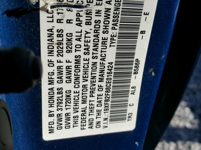 19XFB2F88CE016424 - 2012 HONDA CIVIC EX BLUE photo 10