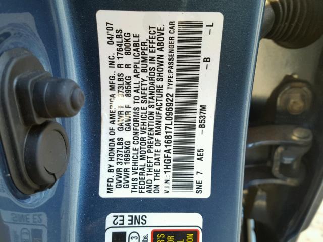 1HGFA16817L096922 - 2007 HONDA CIVIC EX BLUE photo 10