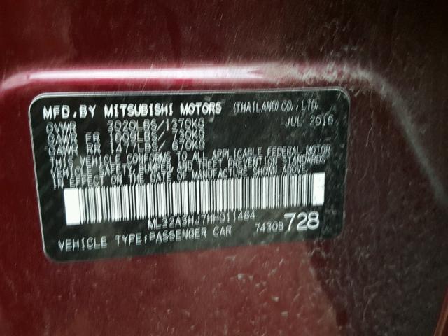 ML32A3HJ7HH011484 - 2017 MITSUBISHI MIRAGE ES BURGUNDY photo 10