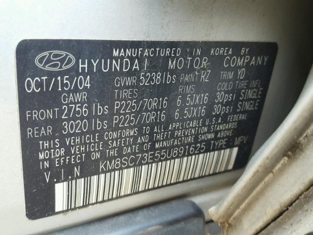 KM8SC73E55U891625 - 2005 HYUNDAI SANTA FE G SILVER photo 10