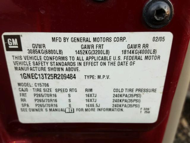 1GNEC13T25R209484 - 2005 CHEVROLET TAHOE C150 RED photo 10