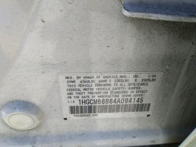 1HGCM66864A094145 - 2004 HONDA ACCORD EX WHITE photo 10