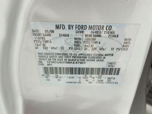 1FMCU93158KE47901 - 2008 FORD ESCAPE XLT SILVER photo 10