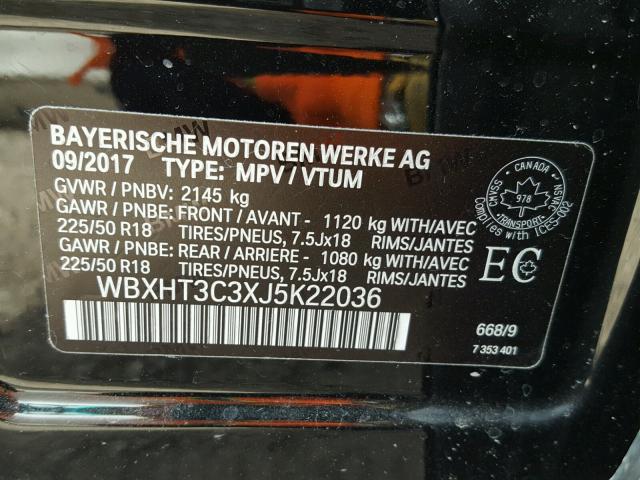 WBXHT3C3XJ5K22036 - 2018 BMW X1 XDRIVE2 BLACK photo 10