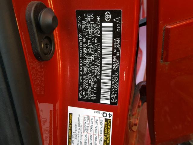 JTNKARJE3GJ520097 - 2016 TOYOTA SCION IM RED photo 10