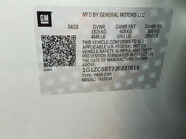 1G1ZC5ST7JF227616 - 2018 CHEVROLET MALIBU LS ვერცხლისფერი ფოტო 10