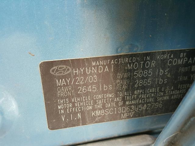 KM8SC13D63U542796 - 2003 HYUNDAI SANTA FE G BLUE photo 10