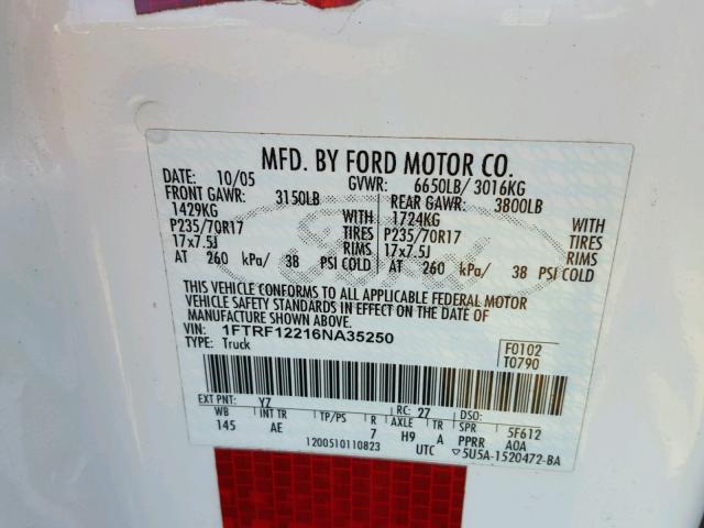 1FTRF12216NA35250 - 2006 FORD F150 WHITE photo 10