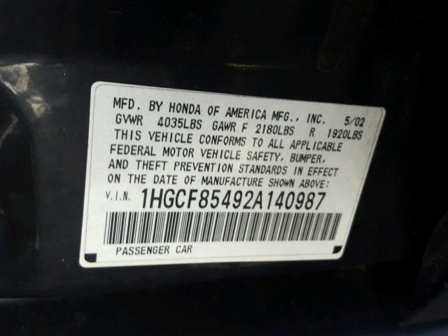 1HGCF85492A140987 - 2002 HONDA ACCORD DX SILVER photo 10