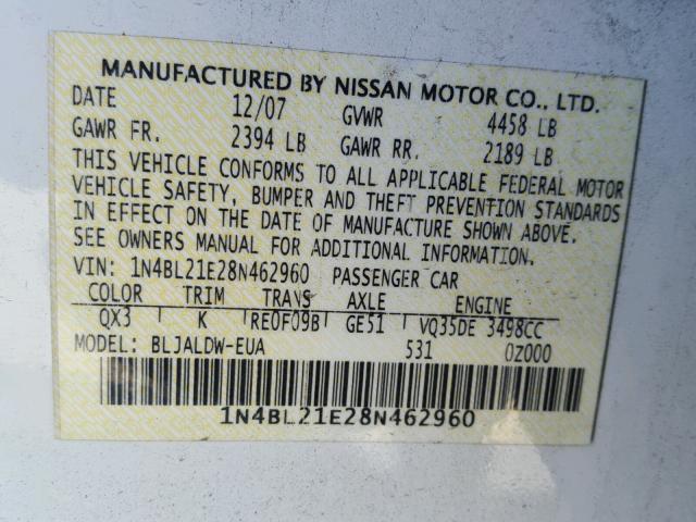 1N4BL21E28N462960 - 2008 NISSAN ALTIMA 3.5 WHITE photo 10