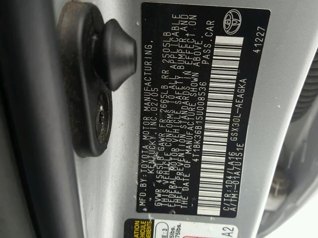 4T1BK36B15U008536 - 2005 TOYOTA AVALON XL SILVER photo 10