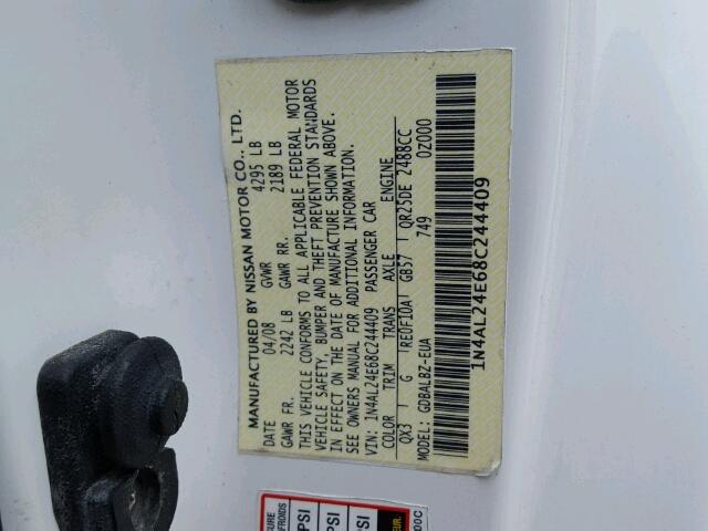 1N4AL24E68C244409 - 2008 NISSAN ALTIMA 2.5 WHITE photo 10