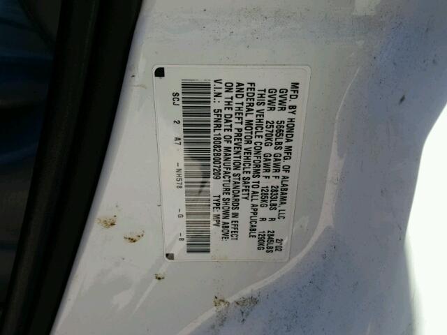 5FNRL18082B007209 - 2002 HONDA ODYSSEY EX WHITE photo 10