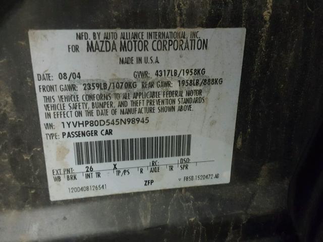 1YVHP80D545N98945 - 2004 MAZDA 6 S GRAY photo 10