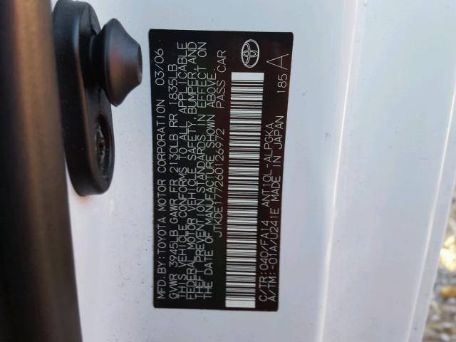 JTKDE177260126972 - 2006 TOYOTA SCION TC 白色 照片 10