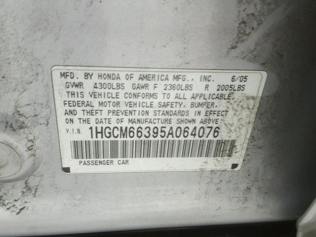 1HGCM66395A064076 - 2005 HONDA ACCORD LX SILVER photo 10