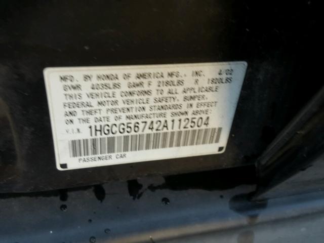 1HGCG56742A112504 - 2002 HONDA ACCORD SE BLACK photo 10