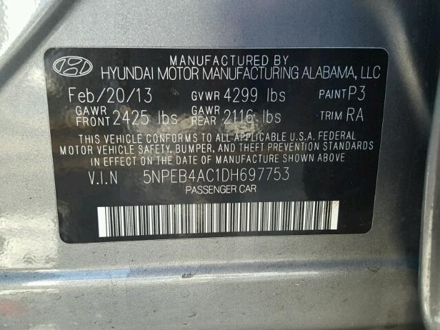 5NPEB4AC1DH697753 - 2013 HYUNDAI SONATA GLS GRAY photo 10