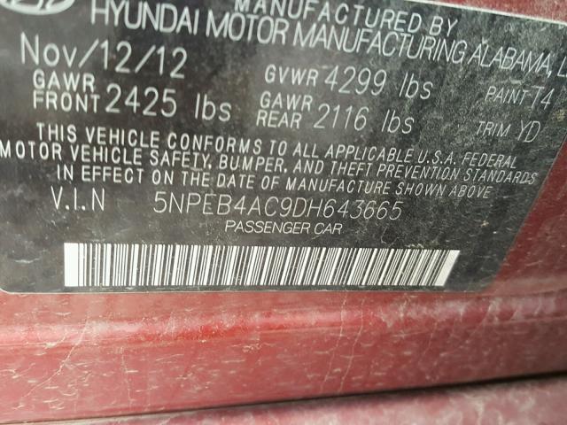 5NPEB4AC9DH643665 - 2013 HYUNDAI SONATA GLS RED photo 10