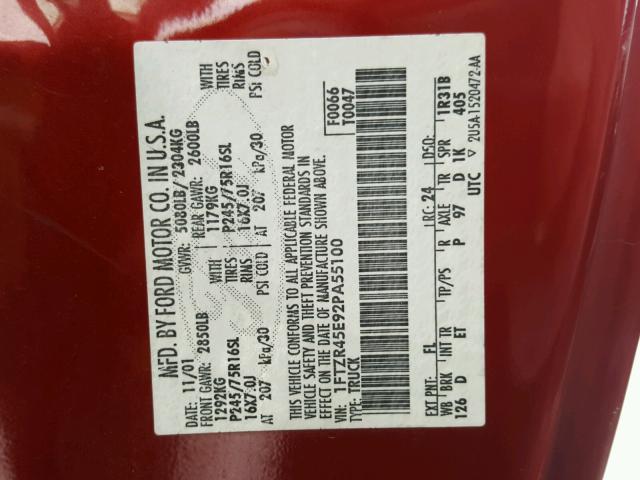 1FTZR45E92PA55100 - 2002 FORD RANGER SUP RED photo 10