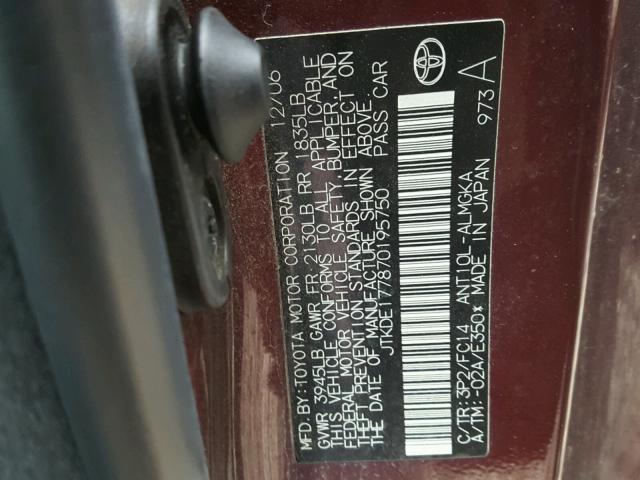 JTKDE177870195750 - 2007 TOYOTA SCION TC 勃艮第红 照片 10