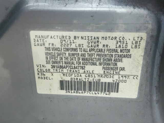 3N1AB6AP7CL647762 - 2012 NISSAN SENTRA 2.0 GRAY photo 10