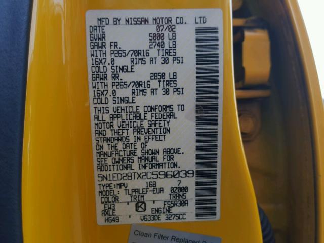 5N1ED28TX2C596039 - 2002 NISSAN XTERRA XE YELLOW photo 10