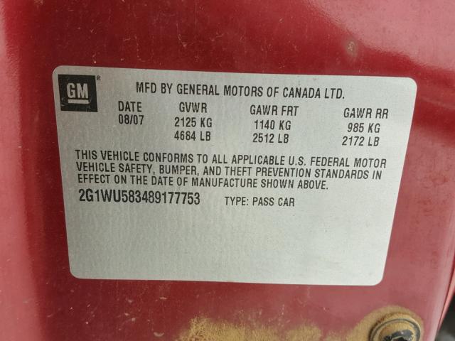 2G1WU583489177753 - 2008 CHEVROLET IMPALA LTZ RED photo 10