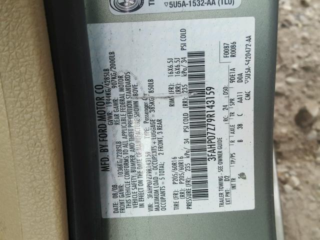 3FAHP07Z79R143159 - 2009 FORD FUSION SE GREEN photo 10