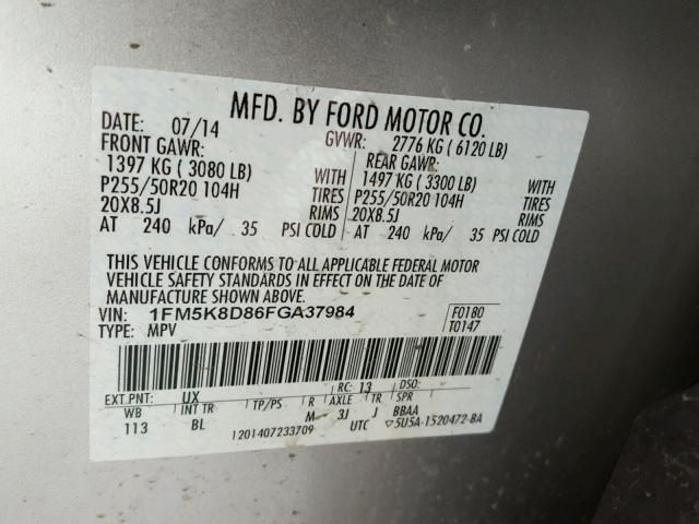 1FM5K8D86FGA37984 - 2015 FORD EXPLORER X SILVER photo 10