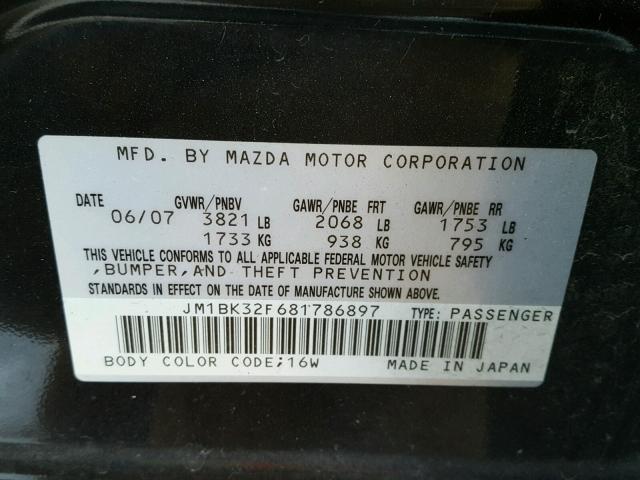 JM1BK32F681786897 - 2008 MAZDA 3 I BLACK photo 10