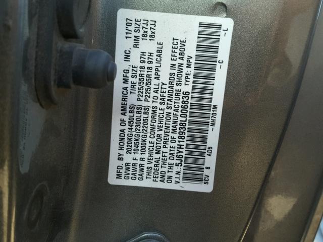 5J6YH18938L006836 - 2008 HONDA ELEMENT SC GRAY photo 10