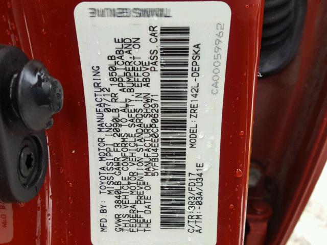 5YFBU4EE0CP062971 - 2012 TOYOTA COROLLA BA RED photo 10