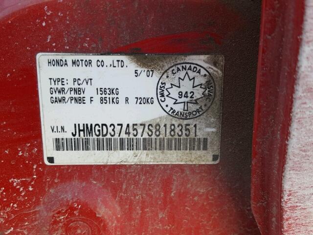 JHMGD37457S818351 - 2007 HONDA FIT RED photo 10