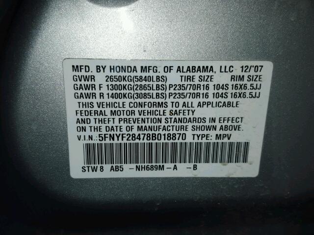 5FNYF28478B018870 - 2008 HONDA PILOT EX SILVER photo 10