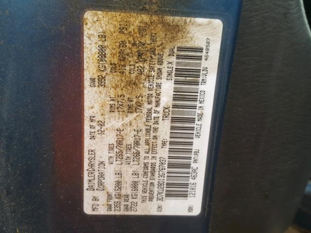 3D7KU28D13G767037 - 2003 DODGE RAM 2500 S ლურჯი ფოტო 10