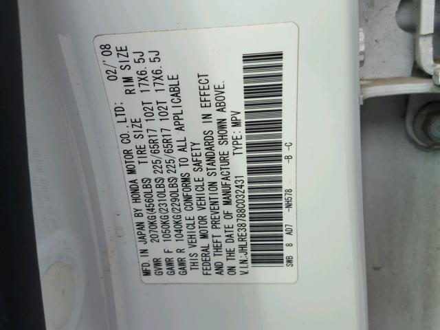 JHLRE38788C032431 - 2008 HONDA CR-V EXL WHITE photo 10