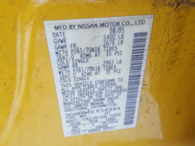 5N1AN08W45C654984 - 2005 NISSAN XTERRA OFF YELLOW photo 10