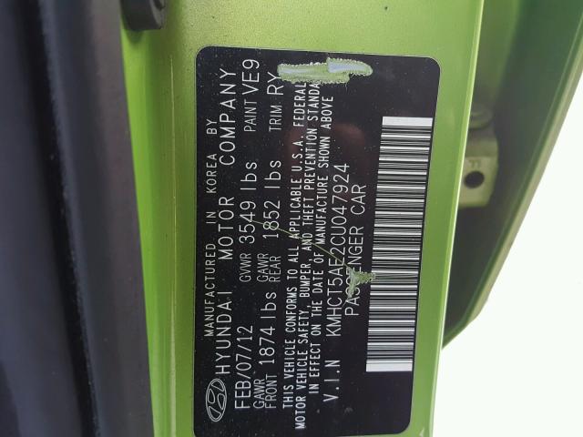 KMHCT5AE2CU047924 - 2012 HYUNDAI ACCENT GLS GREEN photo 10