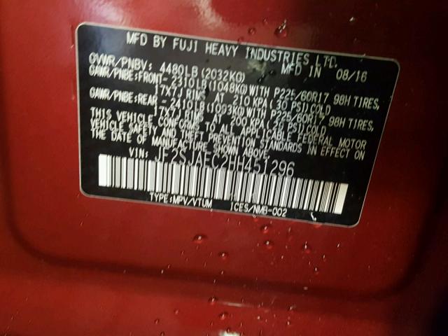 JF2SJAEC2HH451296 - 2017 SUBARU FORESTER 2 BURGUNDY photo 10