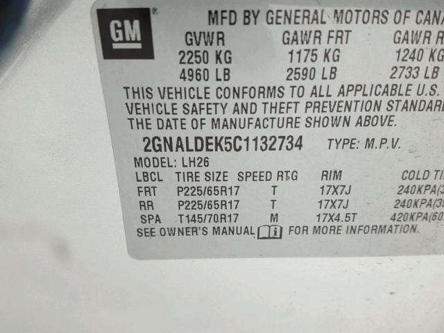 2GNALDEK5C1132734 - 2012 CHEVROLET EQUINOX LT SILVER photo 10