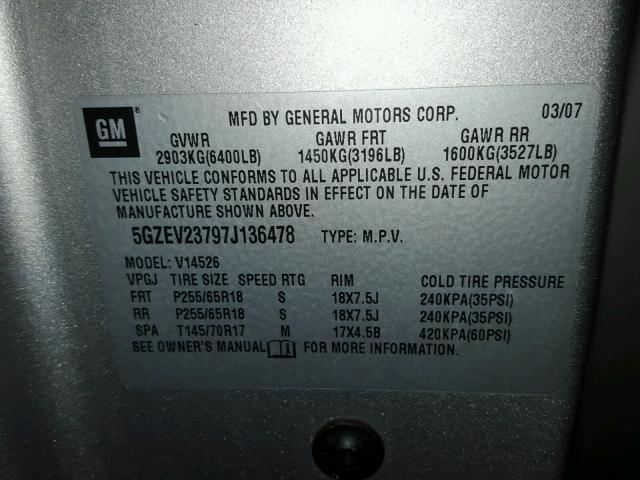 5GZEV23797J136478 - 2007 SATURN OUTLOOK XR ვერცხლისფერი ფოტო 10