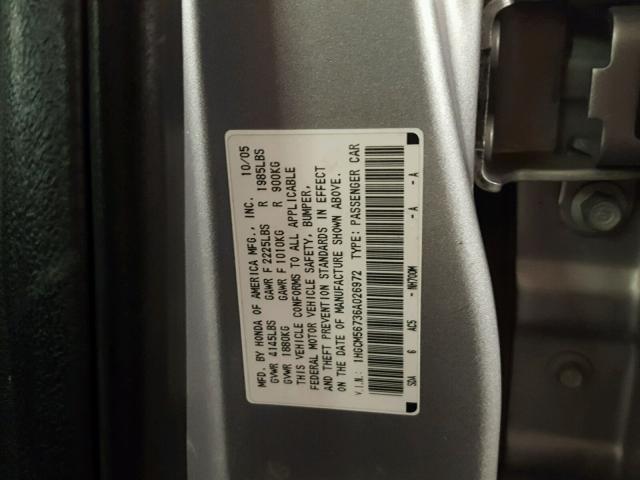 1HGCM56736A026972 - 2006 HONDA ACCORD EX SILVER photo 10