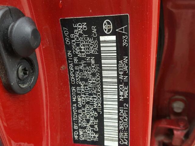 JTDKB20U683309791 - 2008 TOYOTA PRIUS RED photo 10