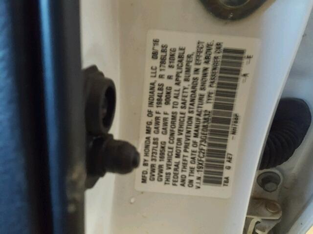 19XFC2F73GE083832 - 2016 HONDA CIVIC EX თეთრი ფოტო 10