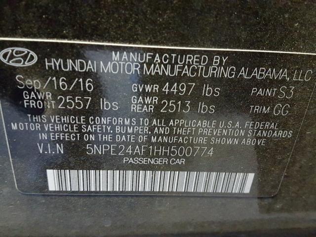 5NPE24AF1HH500774 - 2017 HYUNDAI SONATA SE BLACK photo 10