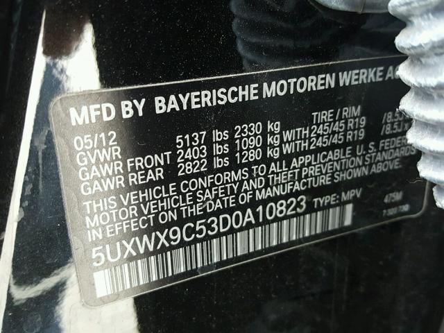 5UXWX9C53D0A10823 - 2013 BMW X3 XDRIVE2 BLACK photo 10