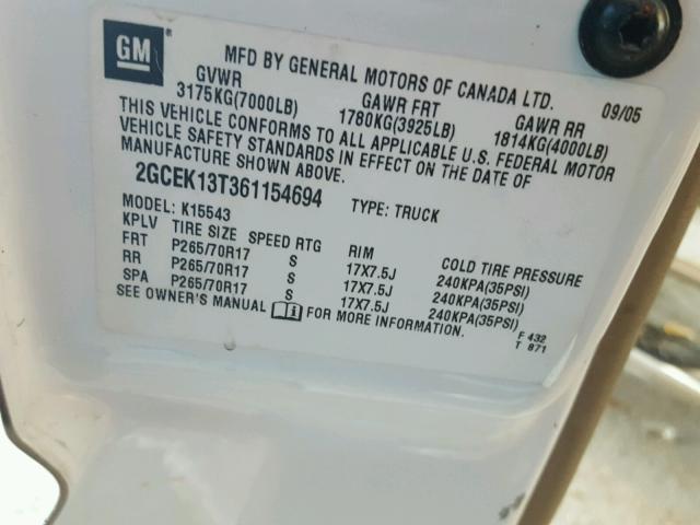 2GCEK13T361154694 - 2006 CHEVROLET SILVERADO WHITE photo 10