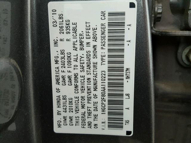 1HGCP2F80AA110223 - 2010 HONDA ACCORD EXL CHARCOAL photo 10