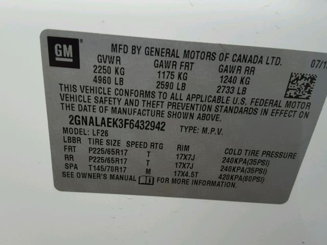 2GNALAEK3F6432942 - 2015 CHEVROLET EQUINOX LS WHITE photo 10